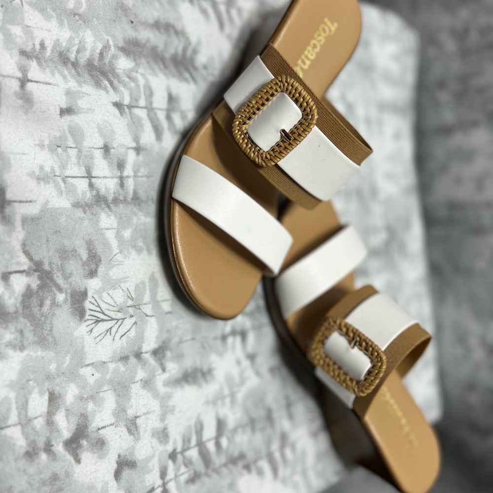 Toscanella Italy Womens White Tan Wedge Sandals Raffia Buckle Slides Size 6 - Picture 5 of 5